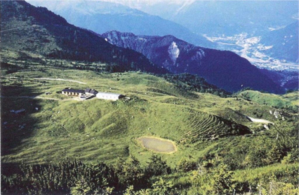 Malga Arvenis di sopra (quota 1670 m), collocata 300 m più in basso della vetta del monte omonimo. La malga sorge sopra una tipica morena frontale tardiglaciale Malga Aivenis di sopra (1670 m), builted on a terminal moraine arc referred to the Late glacial period