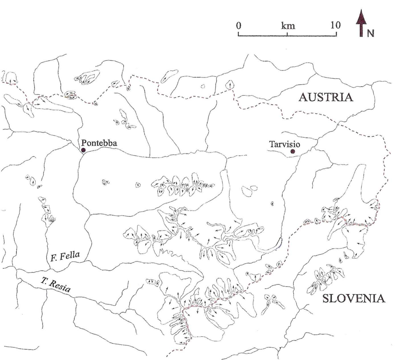 Fig. 4 - Ricostruzione della massima espansione tardiglaciale nel settore delle Alpi Giulie, circa 15.000 anni fa The map shows the maximum expansion of the Late Glacial ice cores in the Julian Alps about 15.000 years ago